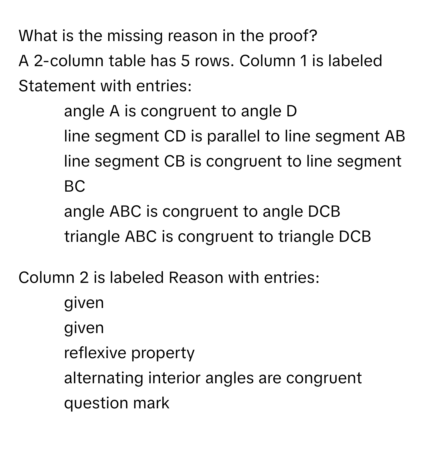 Solved: What is the missing reason in the proof? A 2-column table has 5 ...