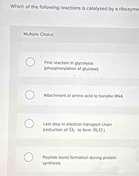 Which of the following reactions is catalyzed by a ribozyme
Multiple Choice
First reaction in glycolysis
(phosphorylation of glucose)
Attachment of amino acid to transfer RNA
Last step in electron transport chain
(reduction of O_2 to form H_2O)
Peptide bond formation during protein
synthesis