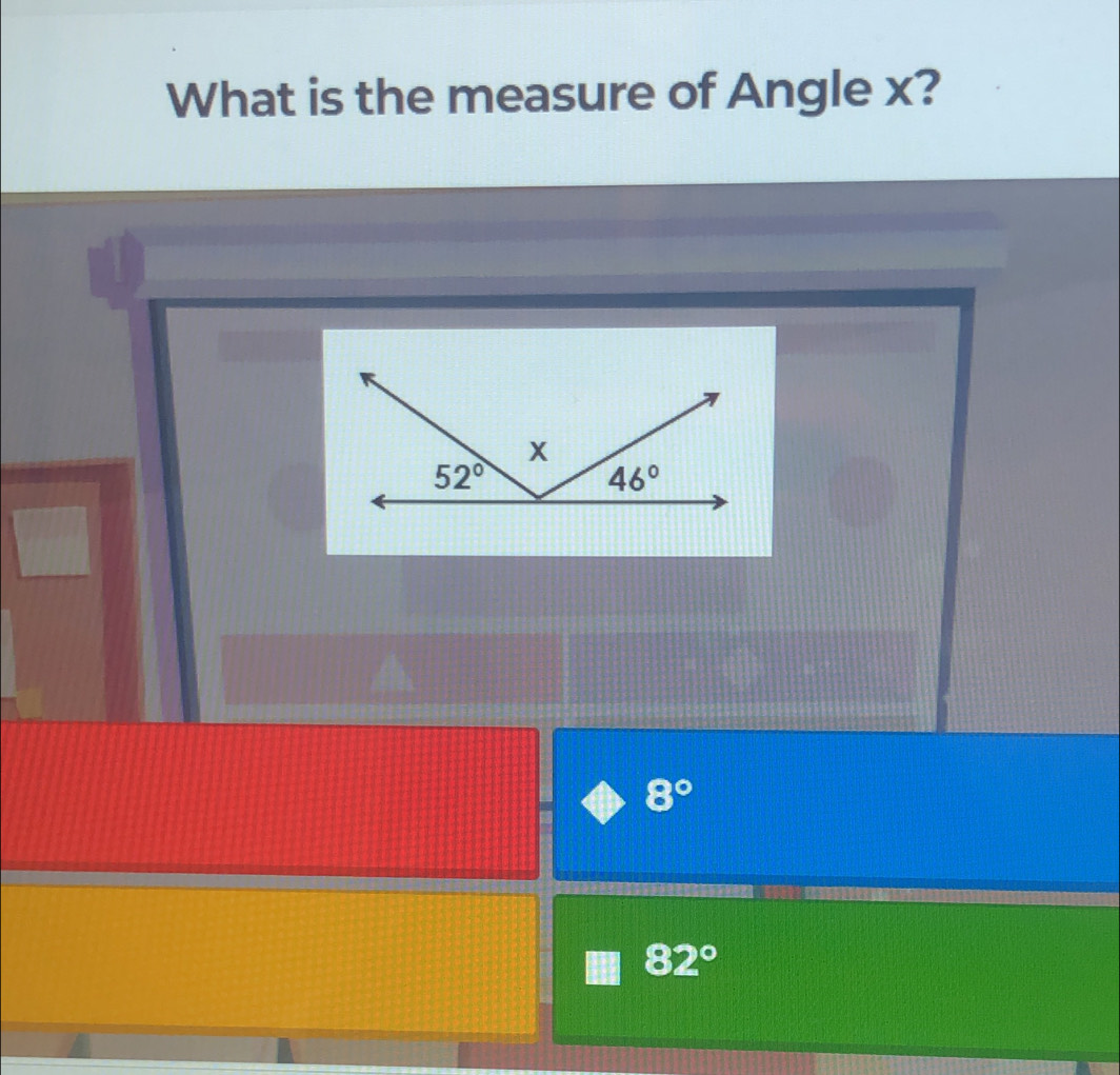 What is the measure of Angle x?
8°
82°