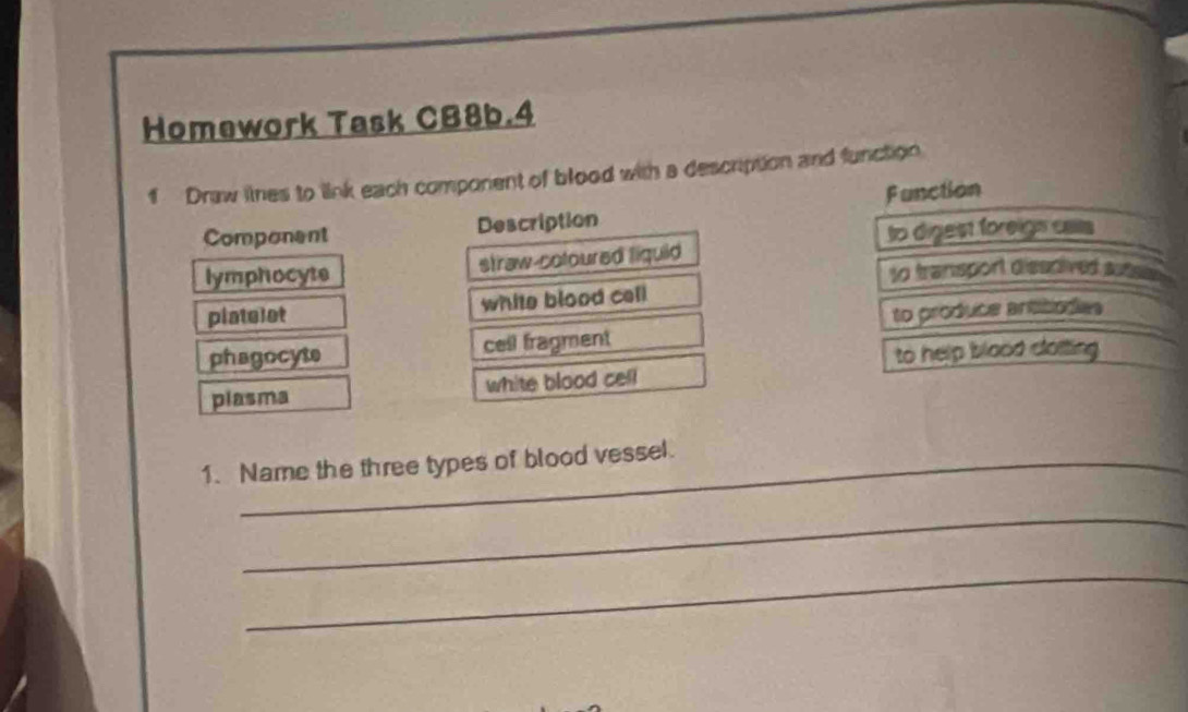 Homework Task CB8b.4 
1 Draw itnes to link each component of blood with a description and function 
Component Description Function 
to digest foreigs ca 
lymphocyte straw-cotoured liguid 
to transport dissoived ausse 
platelet white blood cell 
phagocyte cell fragment to produce antitodies 
to help blood cloiting 
plasma white blood cell 
1. Name the three types of blood vessel. 
_ 
_