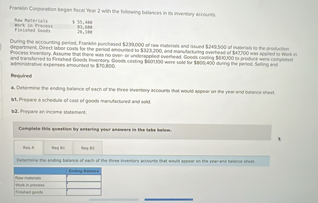 Franklin Corporation began fiscal Year 2 with the following balances in its inventory accounts. 
Raw Materials $ 55,400
Work in Process 83,600
Finished Goods 26,100
During the accounting period, Franklin purchased $239,000 of raw materials and issued $249,500 of materials to the production 
department. Direct labor costs for the period amounted to $323,200, and manufacturing overhead of $47,700 was applied to Work in 
Process Inventory. Assume that there was no over- or underapplied overhead. Goods costing $610,100 to produce were completed 
and transferred to Finished Goods Inventory. Goods costing $601,100 were sold for $800,400 during the period. Selling and 
administrative expenses amounted to $70,800. 
Required 
a. Determine the ending balance of each of the three inventory accounts that would appear on the year -end balance sheet 
b1. Prepare a schedule of cost of goods manufactured and sold. 
b2. Prepare an income statement. 
Complete this question by entering your answers in the tabs below. 
Req A Req B1 Req B2 
Determine the ending balance of each of the three inventory accounts that would appear on the year -end balance sheet.