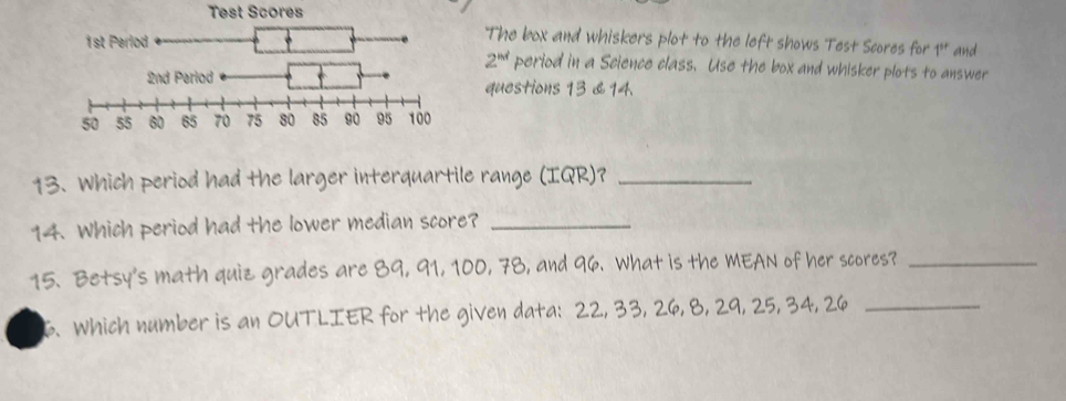 Solved: Test Scores The box and whiskers plot to the left shows Test ...