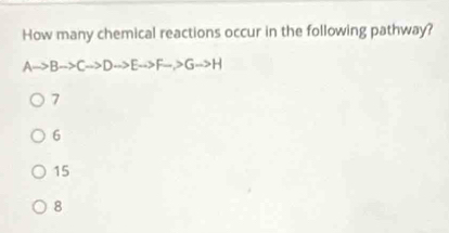 How many chemical reactions occur in the following pathway?
Ato Bto Cto Dto Eto Fto Gto H
7
6
15
8