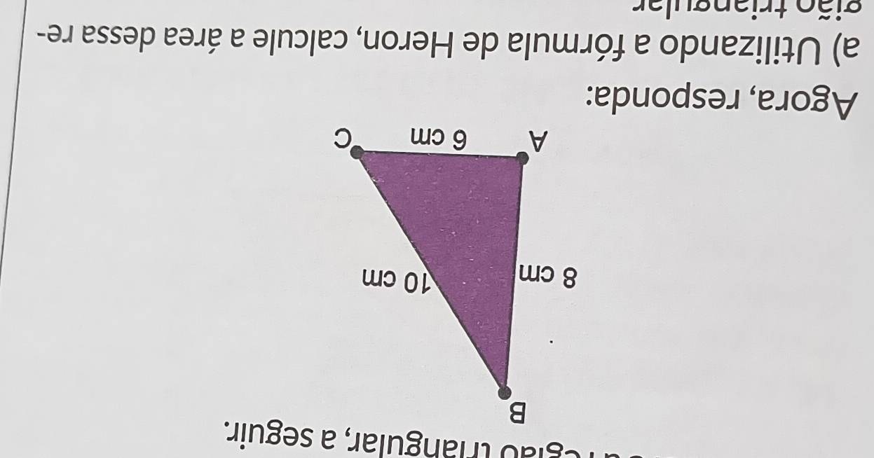 Agora, responda: 
a) Utilizando a fórmula de Heron, calcule a área dessa re- 
gião triangular