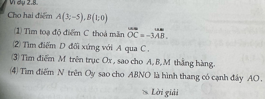 Vi dụ 2.8. 
Cho hai điểm A(3;-5), B(1;0)
(1) Tìm toạ độ điểm C thoả mãn beginarrayr uum OCendarray =beginarrayr uum -3AB.endarray
(2) Tìm điểm D đối xứng với A qua C. 
3) Tìm điểm M trên trục Ox , sao cho A, B, M thẳng hàng. 
(4) Tìm điểm N trên Oy sao cho ABNO là hình thang có cạnh đáy AO. 
Lời giải