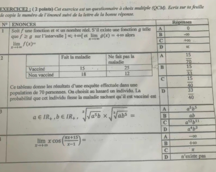 Cet exercice est un questionnaire à choix multiple (QCM). Ecris sur ta feuille
de ctre de la bonne réponse.
N°
1
2
3