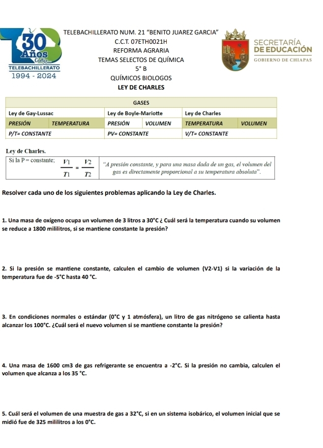 TELEBACHILLERATO NUM. 21 “BENITO JUAREZ GARCIA”
C.C.T. 07ETH0021H SECRETARÍA
Años REFÖRMA AGRARIA DE EDUCACIÓN
Coutiçe TEMAS SELECTOS DE QUÍMICA GOBIERNO DE CHIAPAS
TELEBACHILLERATO
5°B
1994 - 2024 QUÍMICOS BIOLOGOS
LEY DE CHARLES
Ley de Charles.
Si la P= constante;  V1/T1 = V2/T2  'A presión constante, y para una masa dada de un gas, el volumen del
gas es directamente proporcional a su temperatura absoluta”.
Resolver cada uno de los siguientes problemas aplicando la Ley de Charles.
1. Una masa de oxígeno ocupa un volumen de 3 litros a 30°C ¿ Cuál será la temperatura cuando su volumen
se reduce a 1800 mililitros, si se mantiene constante la presión?
2. Si la presión se mantiene constante, calculen el cambio de volumen (V2-V1) si la variación de la
temperatura fue de -5°C hasta 40°C.
3. En condiciones normales o estándar (0°C y 1 atmósfera), un litro de gas nitrógeno se calienta hasta
alcanzar los 100°C. ¿Cuál será el nuevo volumen si se mantiene constante la presión?
4. Una masa de 1600 cm3 de gas refrigerante se encuentra a -2°C. Si la presión no cambia, calculen el
volumen que alcanza a los 35°C.
5. Cuál será el volumen de una muestra de gas a 32°C , si en un sistema isobárico, el volumen inicial que se
midió fue de 325 mililitros a los 0°C.