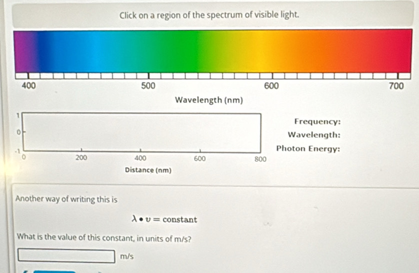 Click on a region of the spectrum of visible light.
400 500 600 700
Wavelength (nm)
1
Frequency: 
0 Wavelength:
-1
Photon Energy:
0 200 400 600 800
Distance (nm) 
Another way of writing this is
v= constant 
What is the value of this constant, in units of m/s?
m/s