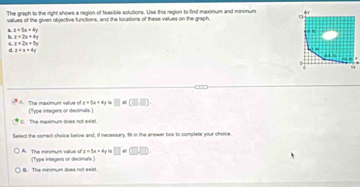 The graph to the right shows a region of feasible solutions. Use this region to find maximum and minimum 
values of the given objective functions, and the locations of these values on the graph.
a. z=5x+4y
b. z=2x+4y
c. z=2x+5y
d. z=x+4y
A. The maximum value of z=5x+4y is □ at (□ ,□ ).
(Type integers or decimals.)
B. The maximum does not exist.
Select the correct choice below and, if necessary, fill in the answer box to complete your choice.
A. The minimum value of z=5x+4y is □ at (□ ,□ ).
(Type integers or decimals.)
B. The minimum does not exist.
