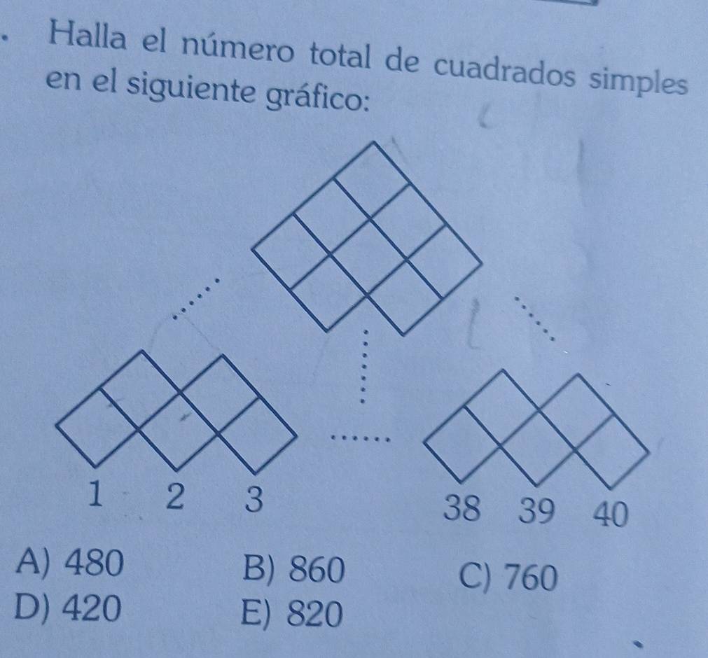 Halla el número total de cuadrados simples
en el siguiente gráfico:
1 2 3
39 40
A) 480
B) 860 C) 760
D) 420 E) 820