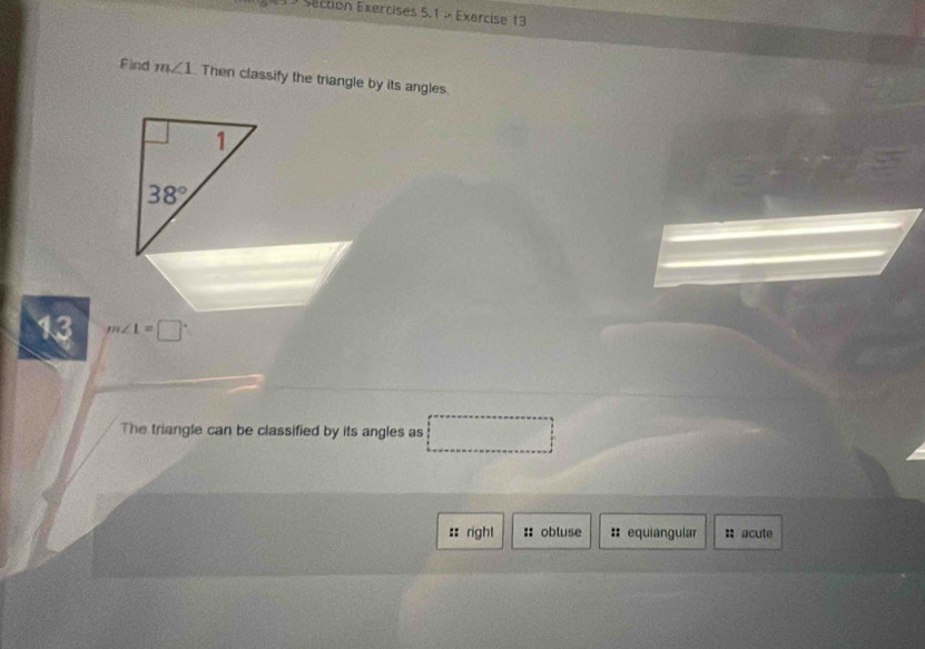 Section Exercises 5.1 × Exercise 13 
Find m∠ 1. Then classify the triangle by its angles. 
1
38°
13 m∠ 1=□°
The triangle can be classified by its angles as 
:: right ::obluse :: equiangular : acute