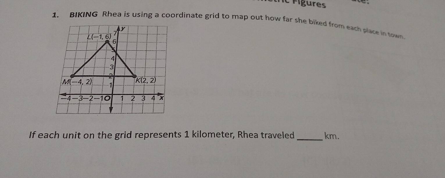 Fígures
1. BIKING Rhea is using a coordinate grid to map out how far she biked from each place in town.
If each unit on the grid represents 1 kilometer, Rhea traveled_ km.