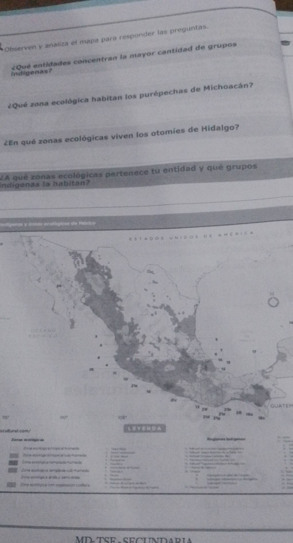 Observen y analiza el mapa para responder las preguntas.
¿Qué entidades concentran la mayor cantidad de grupos
indigenas?
¿Qué zona ecológica habitan los purépechas de Michoacán?
¿En qué zonas ecológicas viven los otomíes de Hidalgo?
¿A qué zonas ecológicas pertenece tu entidad y qué grupos
indígenas la habitán?
7
10
12
23
N 20 8a
170°
105°
115° 296
c ultur al co m 
L E ￥ E ND A
Zonas ecelógicas Regiones indigene=
Zona esplógic a trogical húmeda
Zana ecblógica irogical sub túrada
Zona ecbiógica templadia húmeda
Zona ecokígica templada sub húmeda
Zona ecológica ánda y sem ánda
MDTSE-SRCLNDARIA