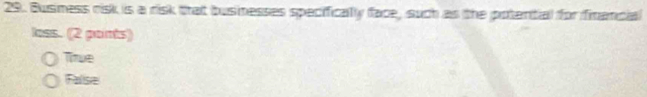 Business risk is a risk that businesses specifically face, such as the potential for financial
loss. (2 points)
True
Falise