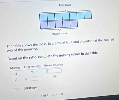 The table shows the mass, in grams, of fruit and biscuits that the zoo fed
two of the monkeys.
Based on the ratio, complete the missing values in the table.
Monkey Fruit mass (g) Biscuit mass (g)
A 28 s
45
B 7
1 / 5 Strategy
4 of 4