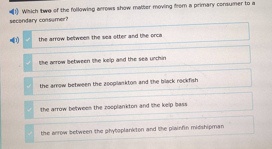 Which two of the following arrows show matter moving from a primary consumer to a
secondary consumer?
) the arrow between the sea otter and the orca
the arrow between the kelp and the sea urchin
the arrow between the zooplankton and the black rockfish
the arrow between the zooplankton and the kelp bass
the arrow between the phytoplankton and the plainfin midshipman