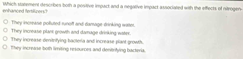 Which statement describes both a positive impact and a negative impact associated with the effects of nitrogen-
enhanced fertilizers?
They increase polluted runoff and damage drinking water.
They increase plant growth and damage drinking water.
They increase denitrifying bacteria and increase plant growth.
They increase both limiting resources and denitrifying bacteria.