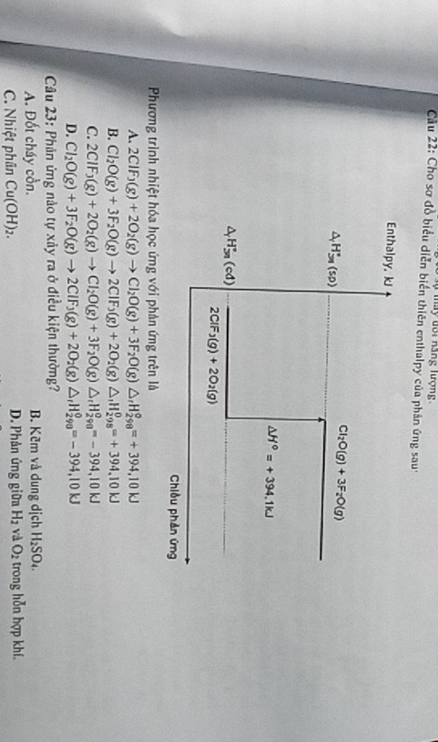 áy đối năng lượng.
Cầu 22: Cho sơ đồ biểu diễn biển thiên enthalpy của phản ứng sau:
Enthalpy, kJ
△ H_(3n)°(sp)
Cl_2O(g)+3F_2O(g)
△ H°=+394.1kJ
△ _rH_(5n)°(cd)
2ClF_3(g)+2O_2(g)
Chiều phản ứng
Phương trình nhiệt hóa học ứng với phản ứng trên là
A. 2CIF_3(g)+2O_2(g)to CI_2O(g)+3F_2O(g)△ _rH_(298)°=+394,10KJ
B. Cl_2O(g)+3F_2O(g)to 2ClF_3(g)+2O_2(g)△ _1H_(298)^0=+394.10kJ
C. 2CIF_3(g)+2O_2(g)to CI_2O(g)+3F_2O(g)△ _rH_(298)^o=-394,10kJ
D. Cl_2O(g)+3F_2O(g)to 2ClF_3(g)+2O_2(g)△ _rH_(298)^0=-394,10kJ
Câu 23: Phản ứng nào tự xảy ra ở điều kiện thường?
A. Đốt cháy cồn. B. Kêm vå dung dịch H_2SO_4.
C. Nhiệt phân Cu(OH)_2. D. Phản ứng giữn H_2 và O_2 trong hỗn hợp khí.