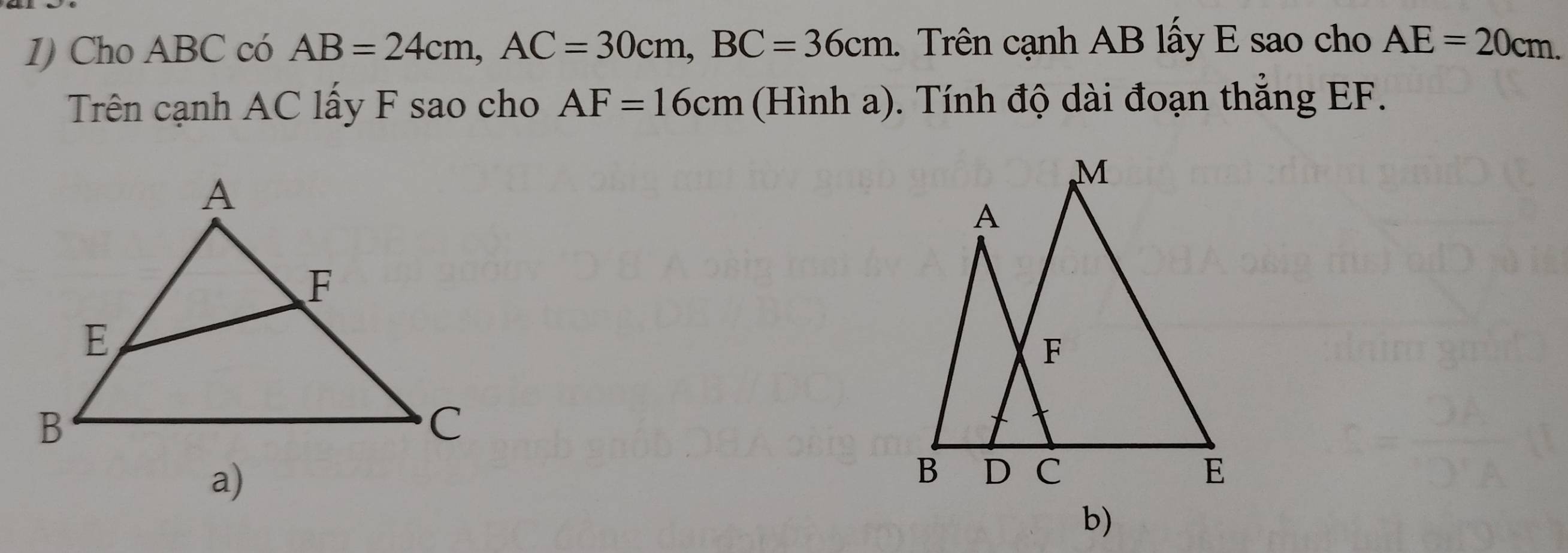 Cho ABC có AB=24cm, AC=30cm, BC=36cm 1 Trên cạnh AB lấy E sao cho AE=20cm. 
Trên cạnh AC lấy F sao cho AF=16cm (Hình a). Tính độ dài đoạn thắng EF. 
b)