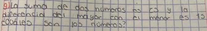 gild sumo de dos numeros ts (s y 1a 
difercndia del mayor con el menor es 15
coogles son 100 numeros?