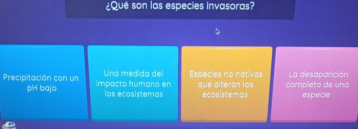 ¿Qué son las especies invasoras?
Una medida del Especies no nativas La desaparición
Precipitación con un impacto humano en que alteran los completa de una
pH bajo los ecosistemas ecosistemas especie