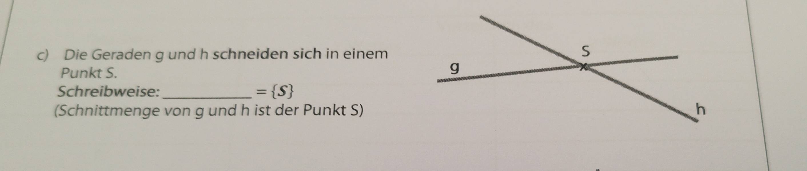 Die Geraden g und h schneiden sich in einem 
Punkt S. 
Schreibweise: _ = S
(Schnittmenge von g und h ist der Punkt S)