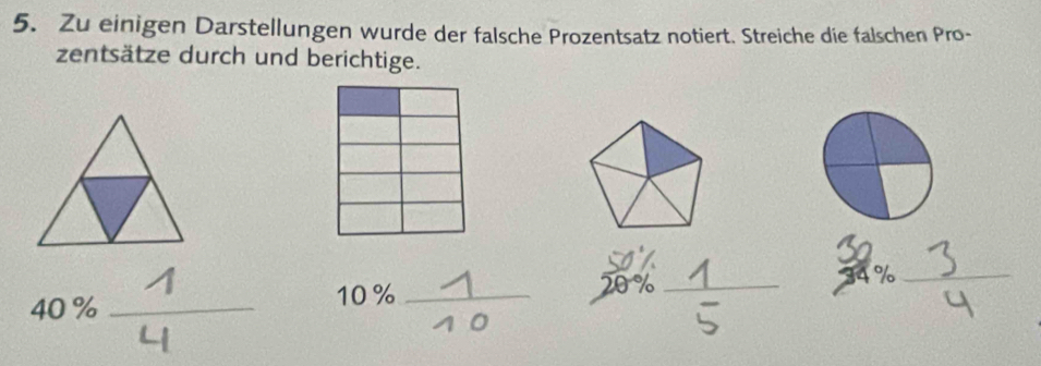 Zu einigen Darstellungen wurde der falsche Prozentsatz notiert. Streiche die falschen Pro- 
zentsätze durch und berichtige.
 □ /□   _ 20 % _
_ %
40% _
10%