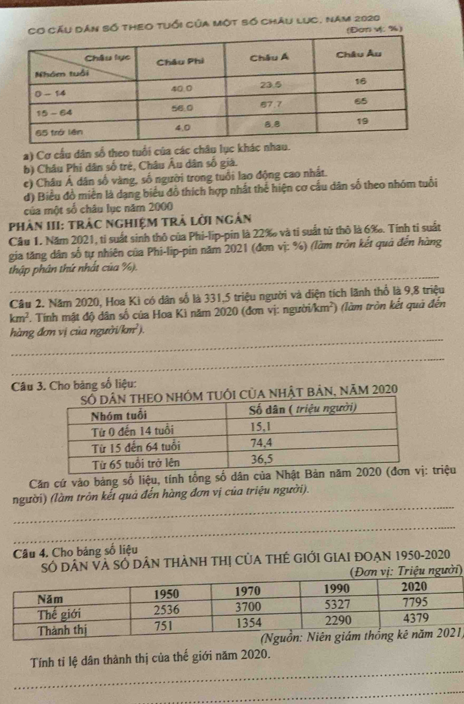 Cơ Cầu dân số thEO tuổi của một số châu lục, năm 2020 
(Đơn w %) 
a) Cơ cầu dân số theo tuổi của các châu lục khác nhau. 
b) Châu Phi dân số trẻ, Châu Âu dân số già. 
c) Châu Á dân số vàng, số người trong tuổi lao động cao nhất. 
d) Biểu đồ miền là dạng biểu đồ thích hợp nhất thể hiện cơ cầu dân số theo nhóm tuổi 
của một số châu lục năm 2000
PhâN III: TrẬC ngHiệM trẬ lời ngắn 
Cầu 1. Năm 2021, tỉ suất sinh thô của Phi-lip-pin là 22 ‰ và tỉ suất từ thô là 6 ‰. Tính ti suất 
gia tăng dân số tự nhiên của Phi-lip-pin năm 2021 (đơn vị: %) (làm tròn kết quả đến hàng 
_ 
thập phân thứ nhất của %). 
Câu 2. Năm 2020, Hoa Kì có dân số là 331, 5 triệu người và diện tích lãnh thổ là 9,8 triệu
km^2. Tính mật độ dân số của Hoa Kì năm 2020 (đơn vị: người/km²) (làm tròn kết quả đến 
_ 
hàng đơn vị của người/km² ). 
_ 
Câu 3. Cho bảng số liệu: 
CủA NhậT bảN, năm 2020 
Căn cứ vào bảng số liệu, tính tổng số dân của Nhật Bản: triệu 
_ 
người) (làm tròn kết quả đến hàng đơn vị của triệu người). 
_ 
Câu 4. Cho bảng số liệu 
Số DâN Và SÓ DẢN THẢNH THị CủA THÊ GIỚI GIAI ĐOẠN 1950-2020 
(Đơn vị: Triệu người) 
) 
_ 
Tính tỉ lệ dân thành thị của thế giới năm 2020. 
_