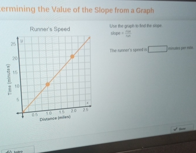 termining the Value of the Slope from a Graph 
Runner's Speed 
Use the graph to find the slope. 
slope = rise/run 
The runner's speed is □ minules per mile. 
Done 
Intro