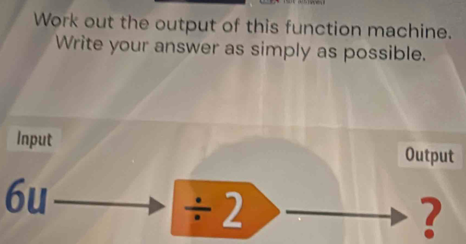 Work out the output of this function machine. 
Write your answer as simply as possible. 
Input 
Output
6u
/ 2
?