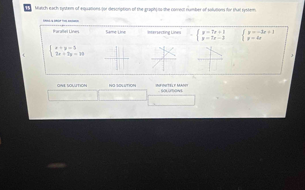 Match each system of equations (or description of the graph) to the correct number of solutions for that system.
DRAG & DROP THE ANSWER
Parallel Lines Same Line Intersecting Lines -beginarrayl y=7x+1 y=7x-3endarray. beginarrayl y=-3x+1 y=4xendarray.
beginarrayl x+y=5 2x+2y=10endarray.
ONE SOLUTION NO SOLUTION INFINITELY MANY
SOLUTIONS