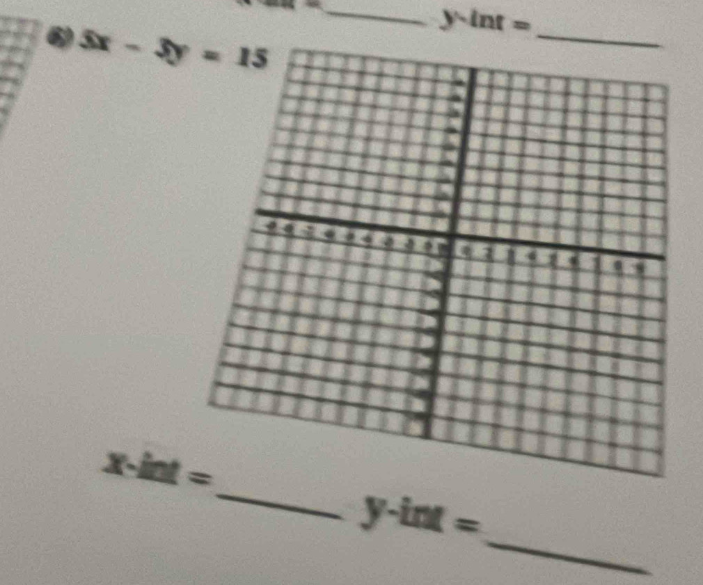 10° 
__ y-int=
6) 5x-3y=15
_
x-int=
_
y-int=