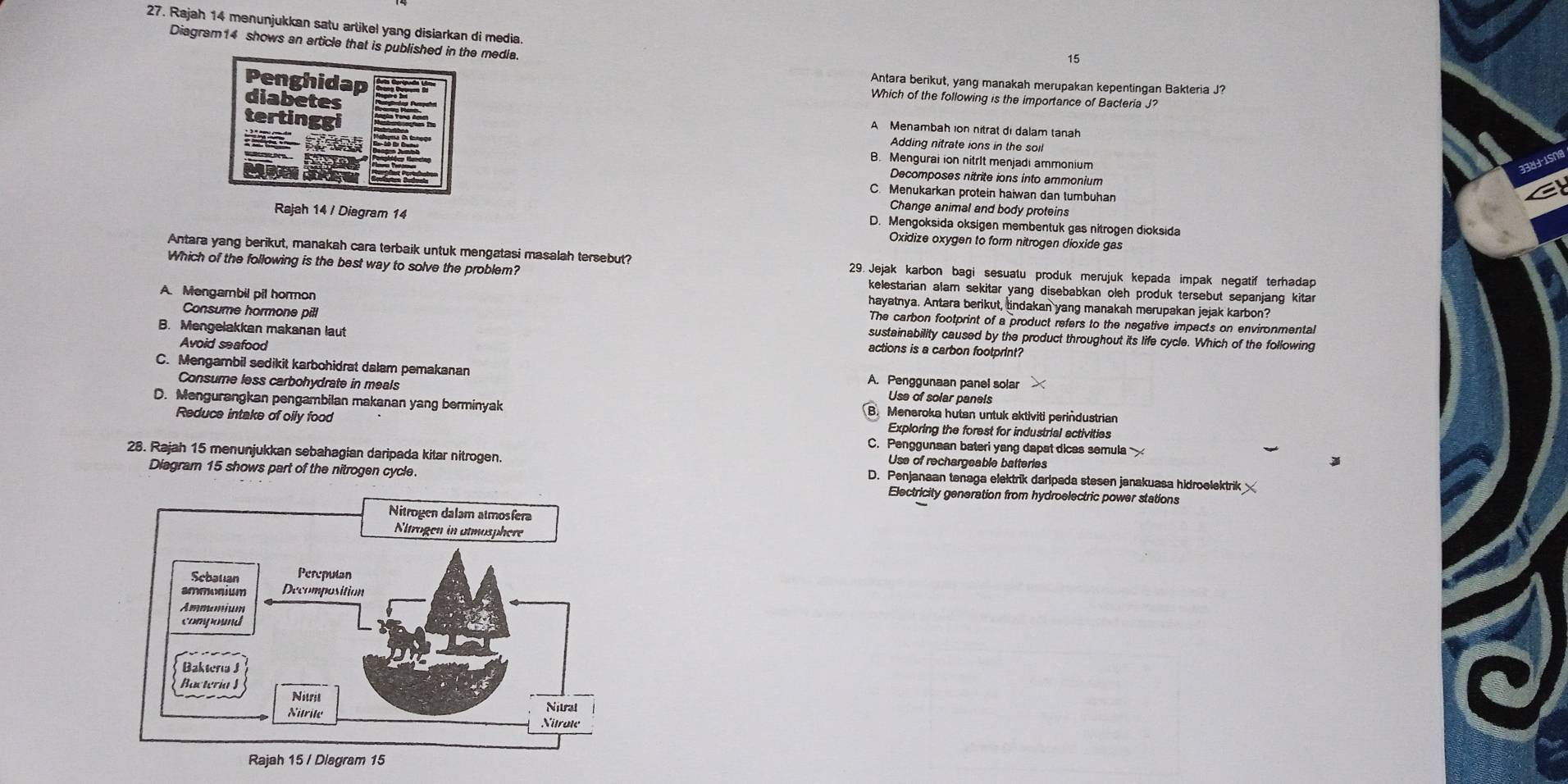 Rajah 14 menunjukkan satu artikel yang disiarkan di media.
Diagram14 shows an article that is published in the media.
15
Penghidap
Antara berikut, yang manakah merupakan kepentingan Bakteria J?
diabetes
Which of the following is the importance of Bacteria J?
tertinggi
A Menambah ion nitrat di dalam tanah
Adding nitrate ions in the soil
B. Mengurai ion nitrIt menjadi ammonium
338+1Sh
Decomposes nitrite ions into ammonium
C. Menukarkan protein haiwan dan tumbuhan
Change animal and body proteins
D. Mengoksida oksigen membentuk gas nitrogen dioksida
Rajah 14 / Diagram 14 Oxidize oxygen to form nitrogen dioxide gas
Antara yang berikut, manakah cara terbaik untuk mengatasi masalah tersebut?  29. Jejak karbon bagi sesuatu produk merujuk kepada impak negatif terhadap
Which of the following is the best way to solve the problem? kelestarian alam sekitar yang disebabkan oleh produk tersebut sepanjang kitar
hayatnya. Antara berikut, tindakan yang manakah merupakan jejak karbon?
A. Mengambil pil hormon The carbon footprint of a product refers to the negative impacts on environmental
B. Mengelakkan makanan laut
Consume hormone pill sustainability caused by the product throughout its life cycle. Which of the following
Avoid seafood
actions is a carbon footprint?
C. Mengambil sedikit karbohidrat dalam pemakanan A. Penggunaan panel solar
Consume less carbohydrate in meals Use of solar panels
D. Mengurangkan pengambilan makanan yang berminyak 3. Menaroka hutan untuk aktiviti perindustrian
Reduce intake of oily food Exploring the forest for industrial activities
C. Penggunaan bateri yang dapat dicas semula
28. Rajah 15 menunjukkan sebahagian daripada kitar nitrogen. Use of rechargeable batteries
Diagram 15 shows part of the nitrogen cycle.
D. Penjanaan tenaga elektrik daripada stesen janakuasa hidroelektrik
Electricity generation from hydroelectric power stations