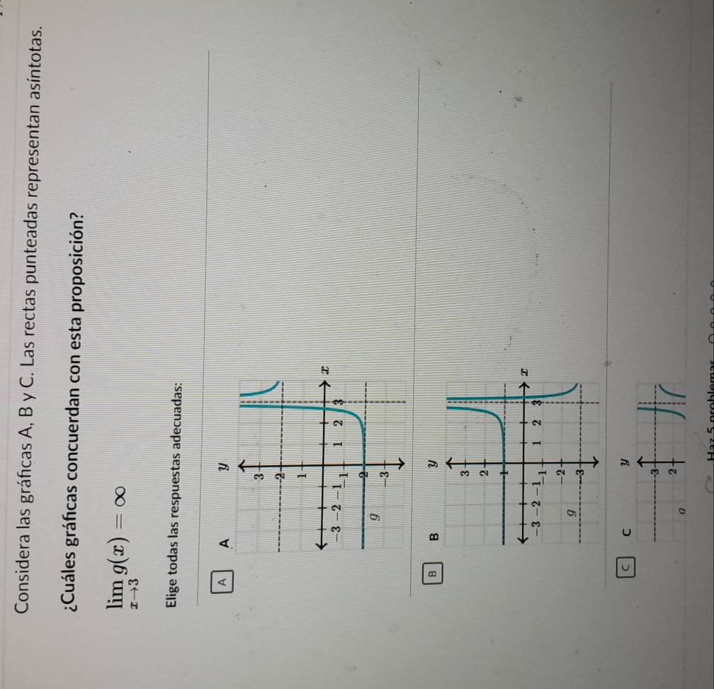 Considera las gráfcas A, B y C. Las rectas punteadas representan asíntotas.
¿Cuáles gráficas concuerdan con esta proposición?
limlimits _xto 3g(x)=∈fty
Elige todas las respuestas adecuadas:
A
B
C C y
-3
2
a