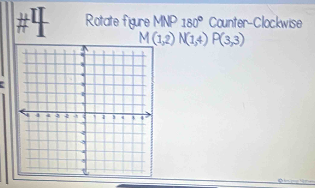 # 
Rotate figure MNP180° Counter-Clockwise
M(1,2)N(1,4) P(3,3)