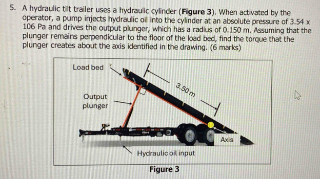 A hydraulic tilt trailer uses a hydraulic cylinder (Figure 3). When activated by the 
operator, a pump injects hydraulic oil into the cylinder at an absolute pressure of 3.54*
106 Pa and drives the output plunger, which has a radius of 0.150 m. Assuming that the 
plunger remains perpendicular to the floor of the load bed, find the torque that the 
plunger creates about the axis identified in the drawing. (6 marks) 
Figure 3