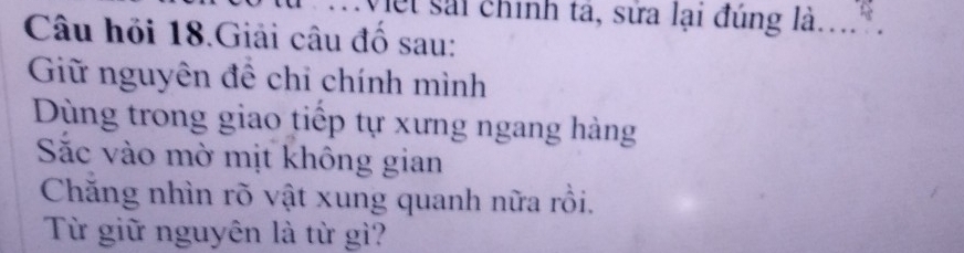 Viết sải chính tả, sửa lại đúng là 
Câu hồi 18.Giải câu đố sau: 
Giữ nguyên để chi chính mình 
Dùng trong giao tiếp tự xưng ngang hàng 
Sắc vào mờ mịt không gian 
Chăng nhìn rõ vật xung quanh nữa rồi. 
Từ giữ nguyên là từ gì?