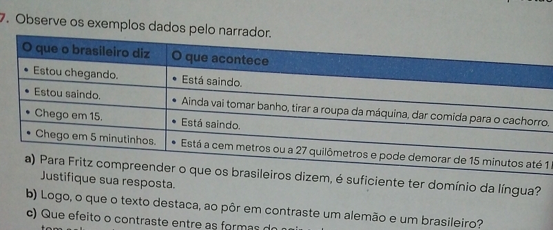 Observe os exemplos dados pe 
o. 
1 
brasileiros dizem, é suficiente ter domínio da língua? 
Justifique sua resposta. 
b) Logo, o que o texto destaca, ao pôr em contraste um alemão e um brasileiro? 
c) Que efeito o contraste entre as formas do