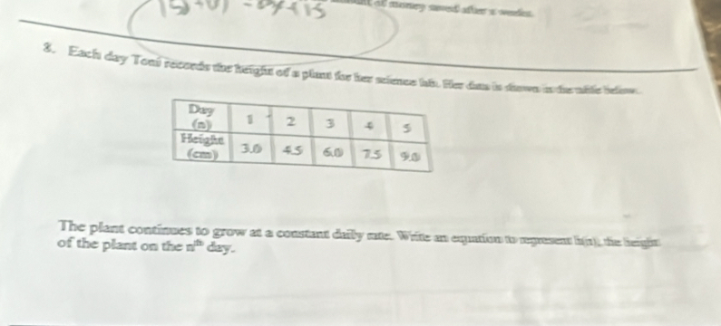 ant of money suved after i wedes . 
3. Each day Toni records the height of a plant for her science his. Her das is down in te wble below. 
The plant continues to grow at a constant daily rate. Write an equation to represent h(n) he leigh 
of the plant on the n^(th) day.