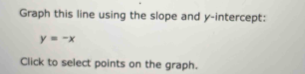 Graph this line using the slope and y-intercept:
y=-x
Click to select points on the graph.