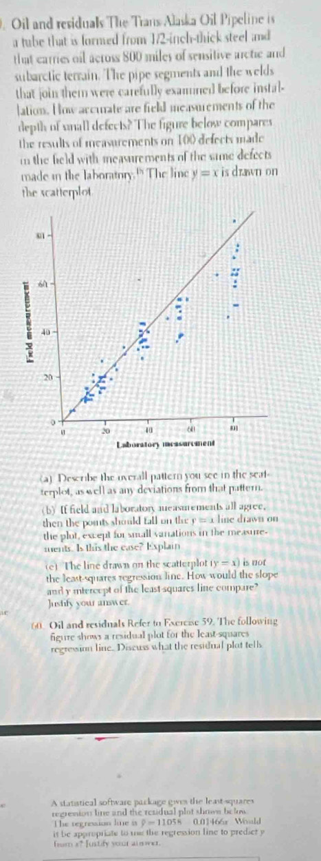 Oil and residuals The Trans Alaska Oil Pipeline is 
a tube that is formed from 1/2-inch -thick steel and 
that carries oil across 800 miles of sensitive arctic and 
subarctic terrain. The pipe segments and the welds 
that join them were carefully examined before instal- 
lation. How accurate are field measurements of the 
depth of snall defects? The figure below compares 
the results of measurements on 100 defects made 
m the field with measurements of the same defects 
made in the laboratory." The line y=x is drawn on 
the scatterplot 
. 
:
6
: 
-
40
20
0
u 20 40 6 m
Laboratory mcssurement 
(a) Describe the overall pattern you see in the seat- 
terplot, as well as any deviations from that pattern. 
(b) If field and laboratory aueasmements all agree. 
then the points should fall on the y = x line drawn on 
the plot, except for small vanations in the measure- 
ments. Is this the ease? Explain 
e) The line drawn on the scatterplot (y=x) is not 
the least-squares regression line. How would the slope 
and y itercept of the least squares line compare? 
Justify your answer. 
60. Oil and residnals Refer to Exercise 59. The following 
figure shows a residual plot for the least-squares 
regression line. Discuss what the residnal plot tells 
A statistical software package gwves the least squares 
regresion line and the residual plot showe be low 
The tegression line is y=1105° 0.01466r Would 
it be appropriate to mes the regression line to predict y
from s? Iustify your ai mwer.