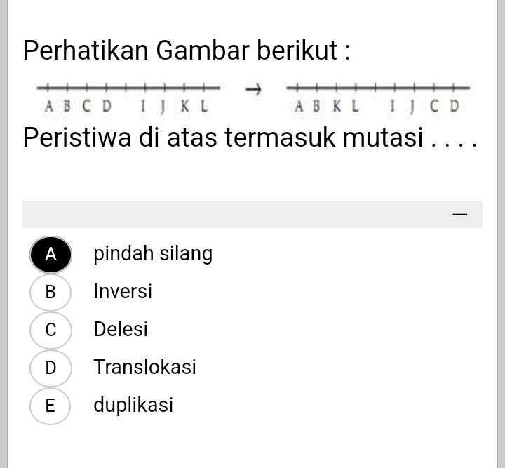 Perhatikan Gambar berikut :

Peristiwa di atas termasuk mutasi . . . .

A pindah silang
B Inversi
C Delesi
D Translokasi
E duplikasi