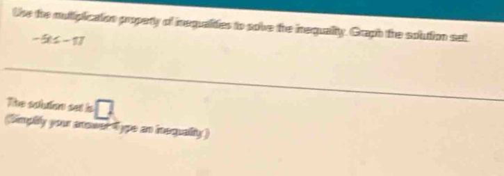 lie the mulipication properly of inequalidies to sobe the inequalty. Graph the solution set
-5t(-1)
The solution set is □ 
(Simplly your anoust Type an inequally )