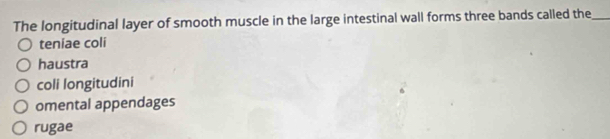 The longitudinal layer of smooth muscle in the large intestinal wall forms three bands called the_
teniae coli
haustra
coli longitudini
omental appendages
rugae