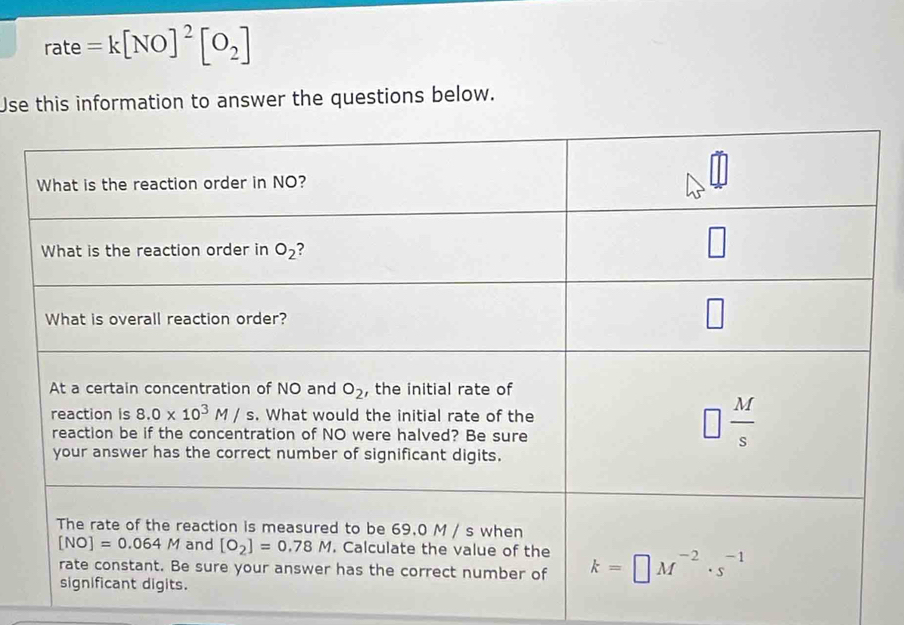 rate =k[NO]^2[O_2]
Use this information to answer the questions below.