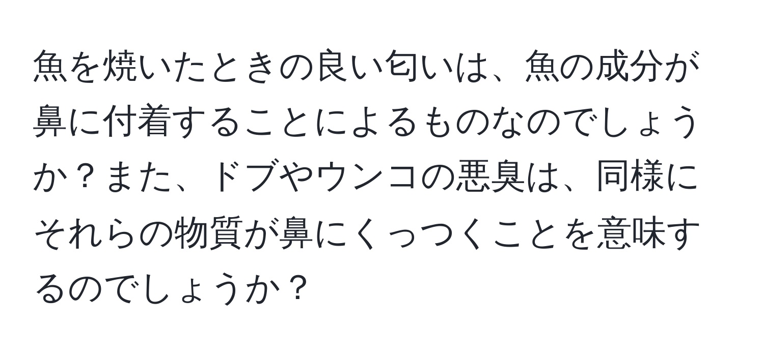 魚を焼いたときの良い匂いは、魚の成分が鼻に付着することによるものなのでしょうか？また、ドブやウンコの悪臭は、同様にそれらの物質が鼻にくっつくことを意味するのでしょうか？