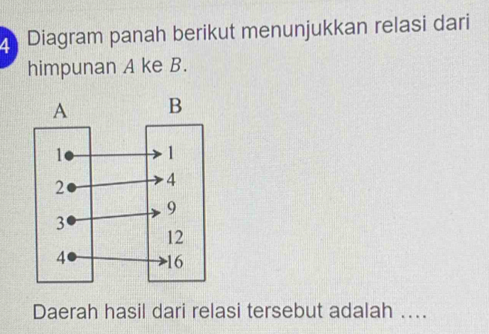 Diagram panah berikut menunjukkan relasi dari 
himpunan A ke B. 
Daerah hasil dari relasi tersebut adalah ..