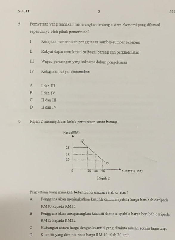 SULIT 3 376
5 Pernyataan yang manakah menerangkan tentang sistem ekonomi yang dikawal
sepenuhnya oleh pihak pemerintah?
I Kerajaan menentukan penggunaan sumber-sumber ekonomi
II Rakyat dapat menikmati pelbagai barang dan perkhidmatan
III Wujud persaingan yang saksama dalam pengeluaran
IV Kebajikan rakyat diutamakan
A I dan III
B I dan IV
C II dan III
D I dan IV
6 Rajah 2 menunjukkan keluk permintaan suatu barang.
Rajah 2
Pernyataan yang manakah betul menerangkan rajah di atas ?
A Pengguna akan meningkatkan kuantiti diminta apabila harga berubah daripada
RM10 kepada RM15.
B Pengguna akan mengurangkan kuantiti diminta apabila harga berubah daripada
RM15 kepada RM25.
C Hubungan antara harga dengan kuantiti yang diminta adalah secara langsung.
D Kuantiti yang diminta pada harga RM 10 ialah 30 unit.