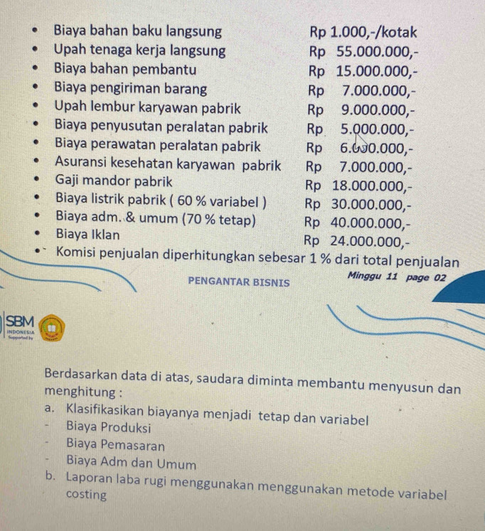 Biaya bahan baku langsung Rp 1.000,-/kotak 
Upah tenaga kerja langsung Rp 55.000.000,- 
Biaya bahan pembantu Rp 15.000.000,- 
Biaya pengiriman barang Rp 7.000.000,- 
Upah lembur karyawan pabrik Rp 9.000.000,- 
Biaya penyusutan peralatan pabrik Rp 5.000.000,- 
Biaya perawatan peralatan pabrik Rp 6.७J0.000,- 
Asuransi kesehatan karyawan pabrik Rp 7.000.000,- 
Gaji mandor pabrik Rp 18.000.000,- 
Biaya listrik pabrik ( 60 % variabel ) Rp 30.000.000,- 
Biaya adm. & umum (70 % tetap) Rp 40.000.000,- 
Biaya Iklan Rp 24.000.000,- 
Komisi penjualan diperhitungkan sebesar 1 % dari total penjualan 
PENGANTAR BISNIS Minggu 11 page 02 
SBM 
INDONESLA Supported by 
Berdasarkan data di atas, saudara diminta membantu menyusun dan 
menghitung : 
a. Klasifikasikan biayanya menjadi tetap dan variabel 
Biaya Produksi 
Biaya Pemasaran 
Biaya Adm dan Umum 
b. Laporan laba rugi menggunakan menggunakan metode variabel 
costing