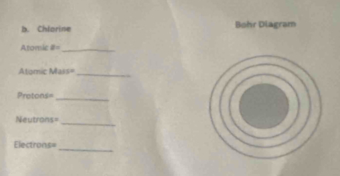 Chlorine Bøhr Diagram 
Atomie 8= _ 
Atomic Mass 3 _
Protons=_ 
_
Neutrons=
_
Electrons=
